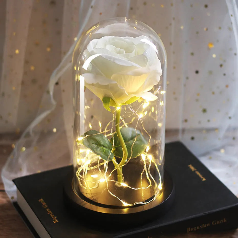 LED illuminated artificial rose bouquet with glass cover in multiple colour options