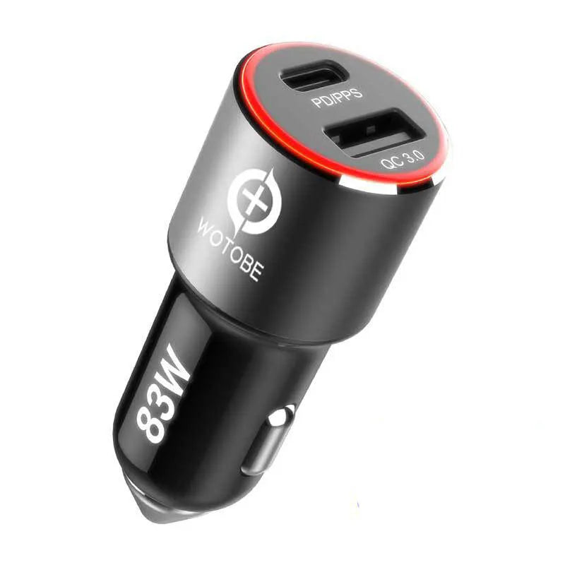 83W dual-port car charger with USB-C and QC3.0 ports shown with a choice of USB-C or Apple charging cable.