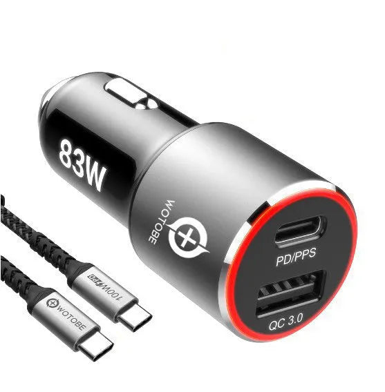 83W dual-port car charger with USB-C and QC3.0 ports shown with a choice of USB-C or Apple charging cable.