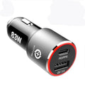 83W dual-port car charger with USB-C and QC3.0 ports shown with a choice of USB-C or Apple charging cable.