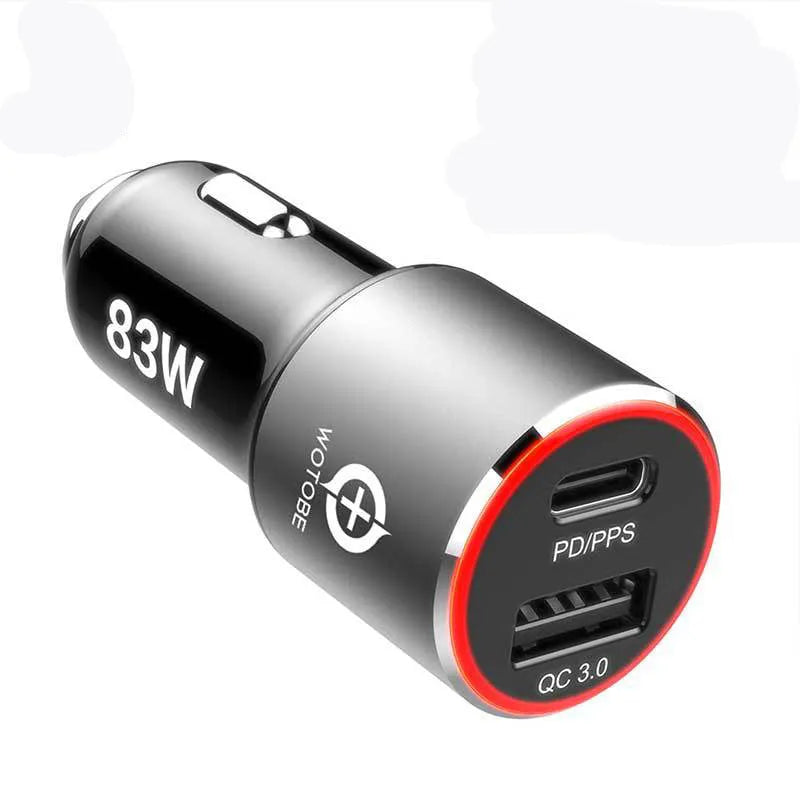83W dual-port car charger with USB-C and QC3.0 ports shown with a choice of USB-C or Apple charging cable.