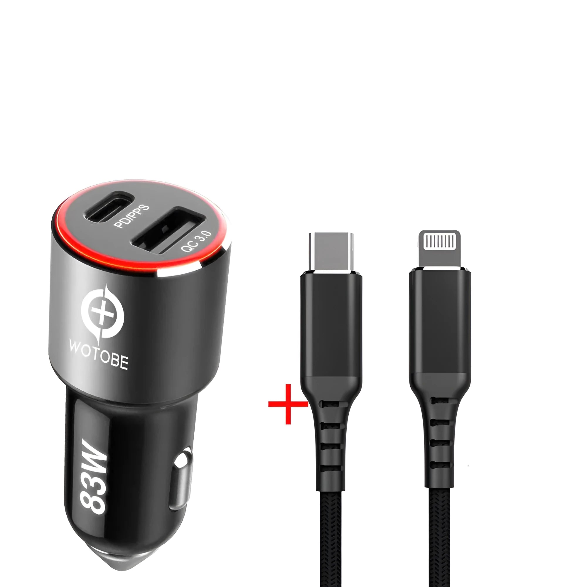83W dual-port car charger with USB-C and QC3.0 ports shown with a choice of USB-C or Apple charging cable.