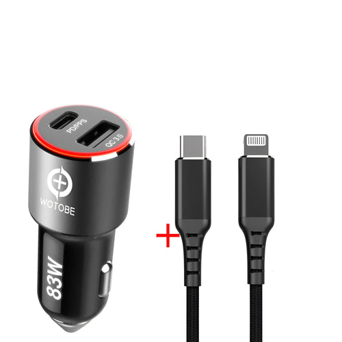 83W dual-port car charger with USB-C and QC3.0 ports shown with a choice of USB-C or Apple charging cable.