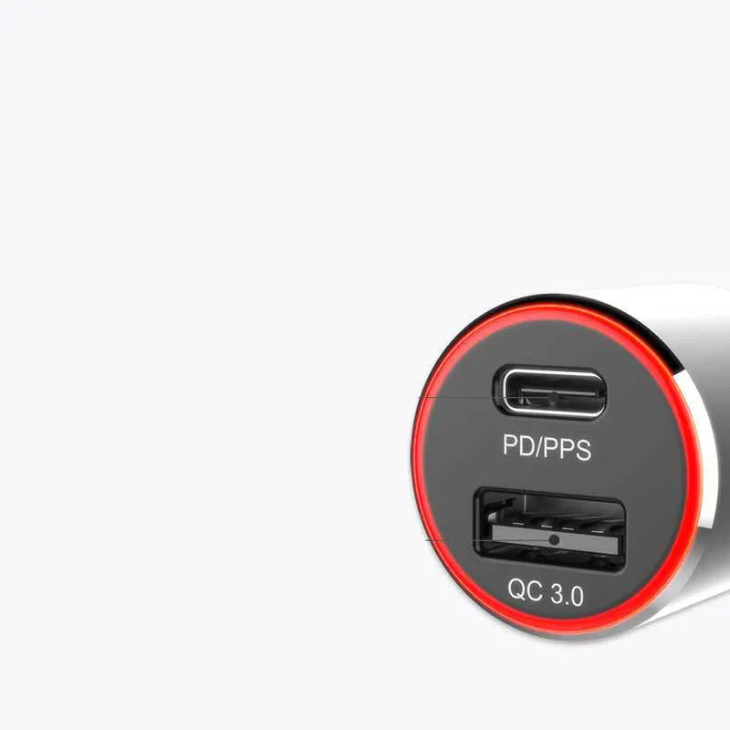 83W dual-port car charger with USB-C and QC3.0 ports shown with a choice of USB-C or Apple charging cable.