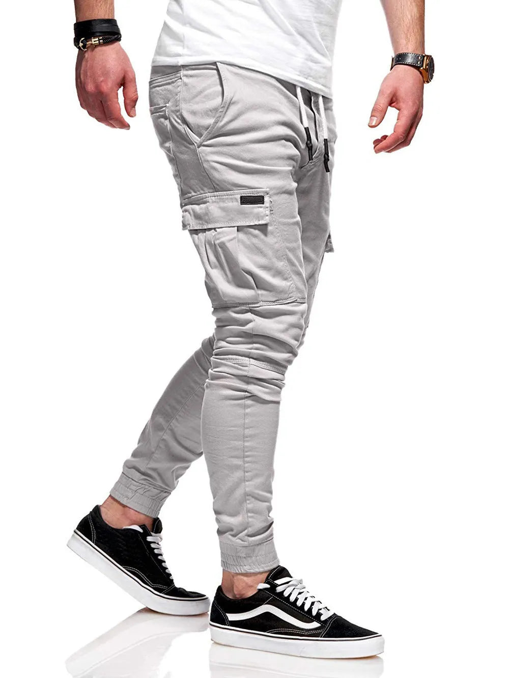 Men jogger pants loose fit cotton sweatpants multi-pocket drawstring waist black side view