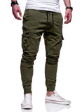 Men jogger pants loose fit cotton sweatpants multi-pocket drawstring waist black side view