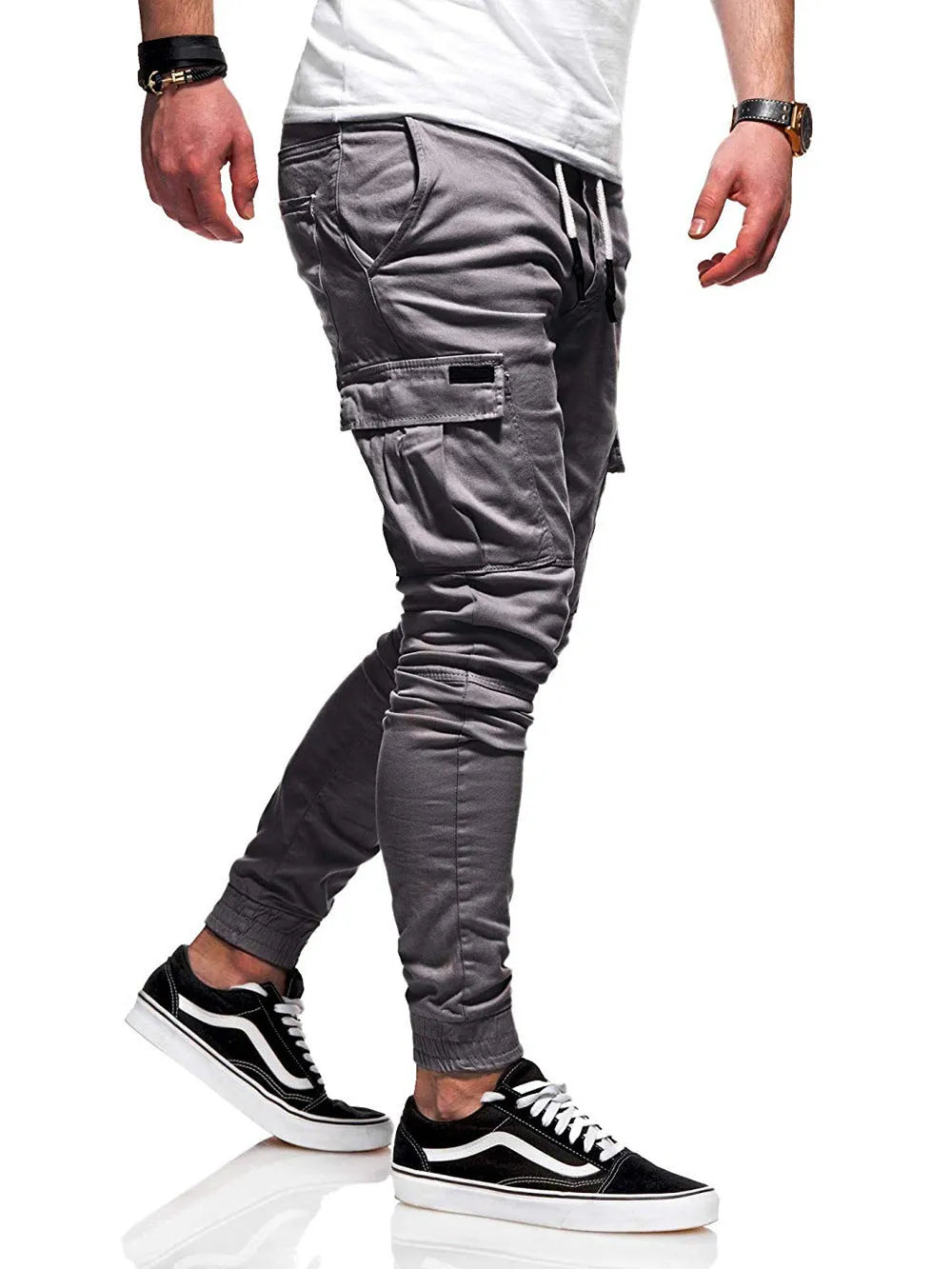 Men jogger pants loose fit cotton sweatpants multi-pocket drawstring waist black side view