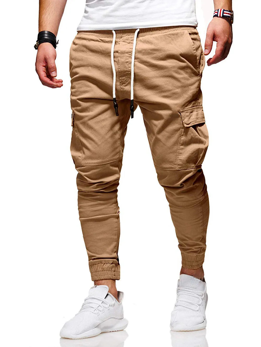 Men jogger pants loose fit cotton sweatpants multi-pocket drawstring waist black side view