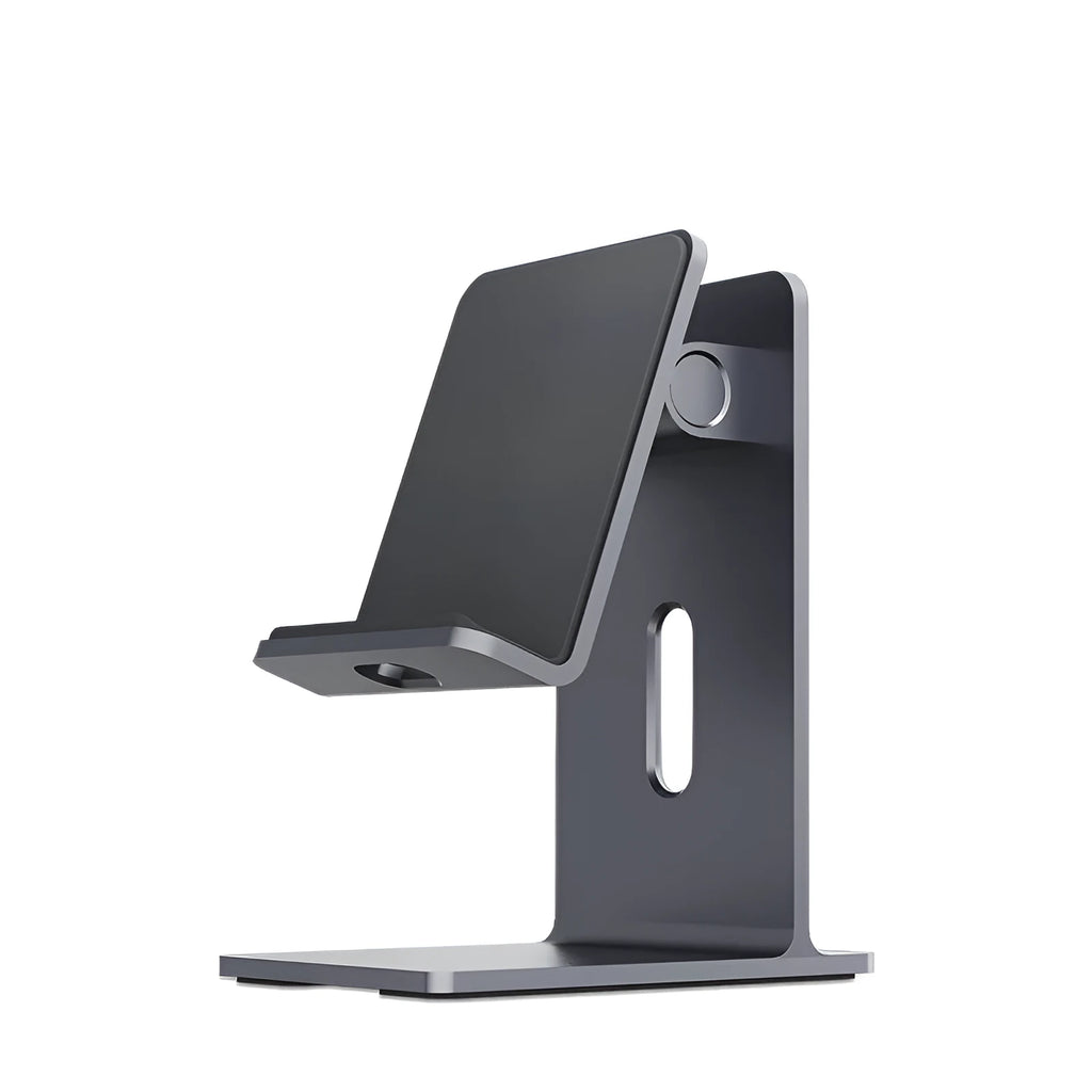 Alloy mobile phone holder bracket for desktop with adjustable arm in dark space grey or silver