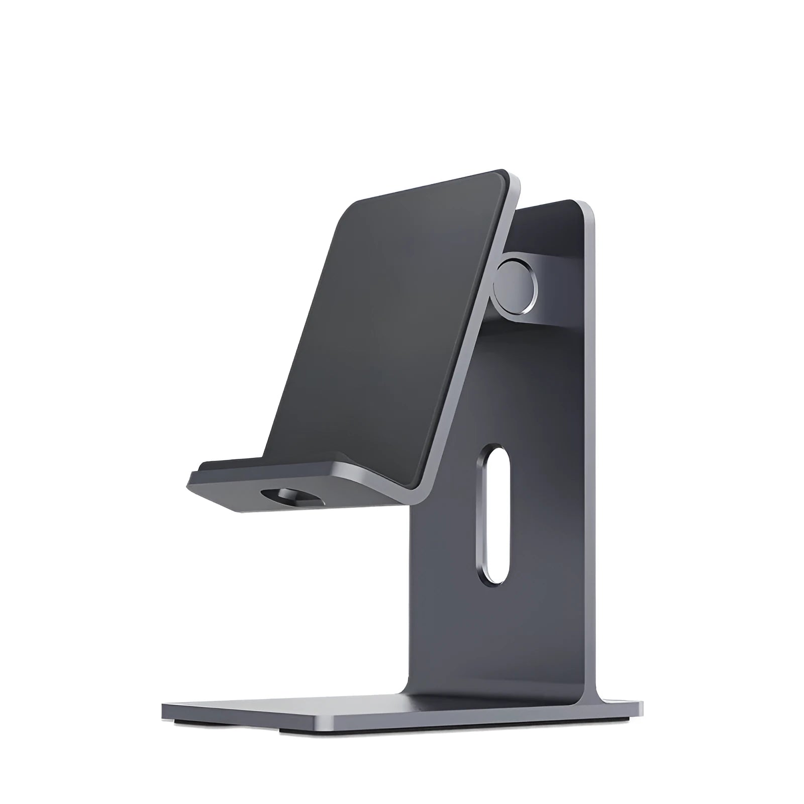 Alloy mobile phone holder bracket for desktop with adjustable arm in dark space grey or silver