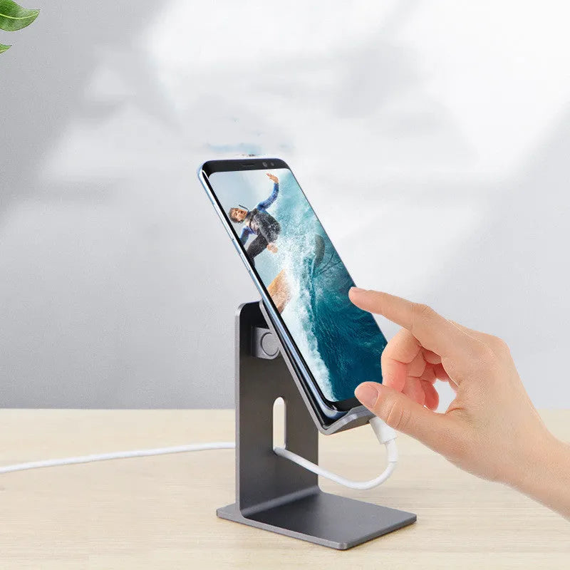 Alloy mobile phone holder bracket for desktop with adjustable arm in dark space grey or silver