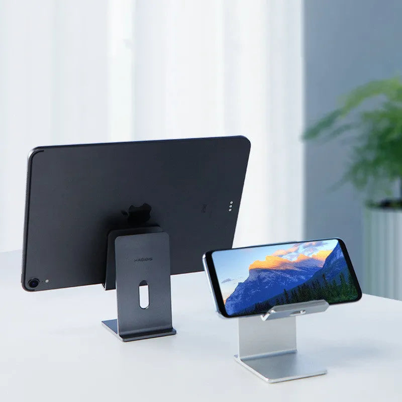 Alloy mobile phone holder bracket for desktop with adjustable arm in dark space grey or silver
