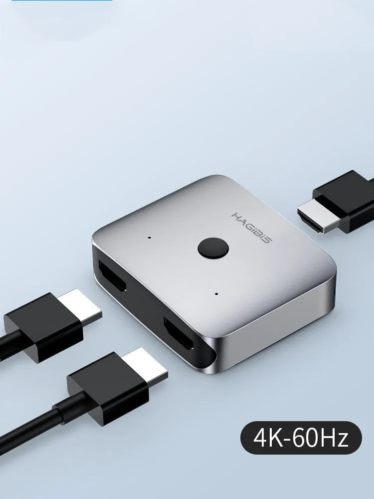 Gray Haibeisi HDMI splitter showing 1 input and 2 output ports for 4K signal distribution