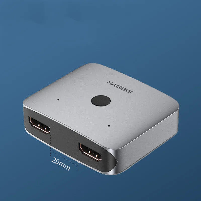 Gray Haibeisi HDMI splitter showing 1 input and 2 output ports for 4K signal distribution