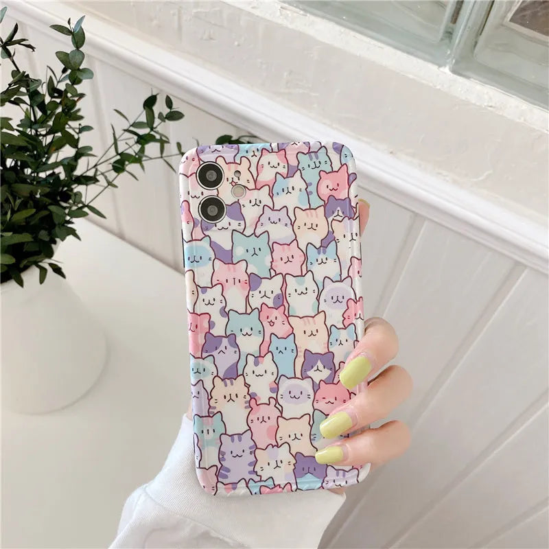 Colourful cartoon printed TPU protective case for iPhone with raised edges around camera and screen