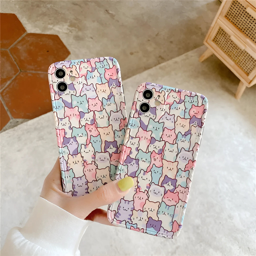 Colourful cartoon printed TPU protective case for iPhone with raised edges around camera and screen