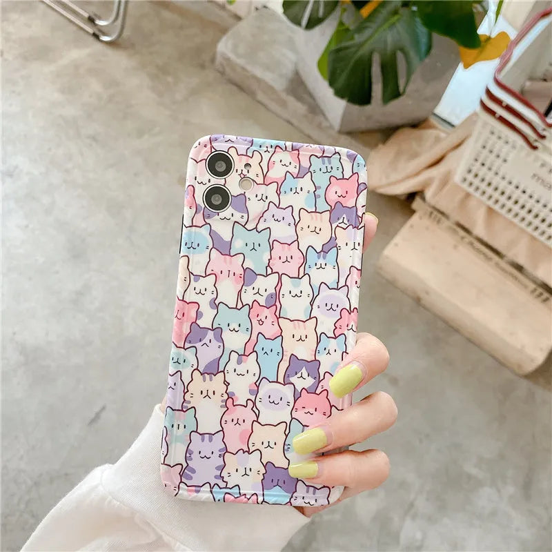 Colourful cartoon printed TPU protective case for iPhone with raised edges around camera and screen