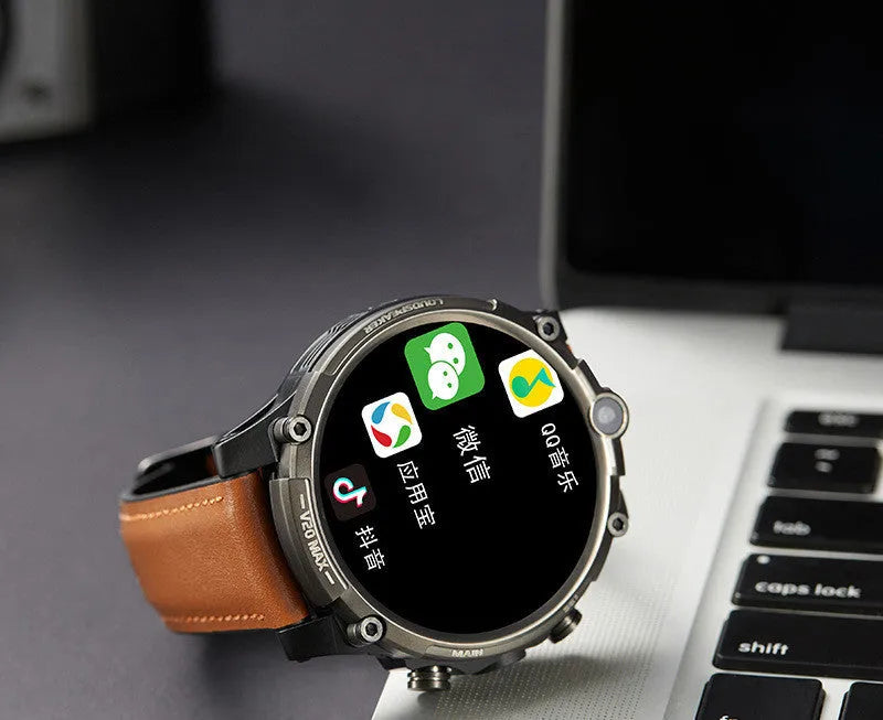 Black smart phone watch with 1.6 inch screen showing heart rate monitoring display