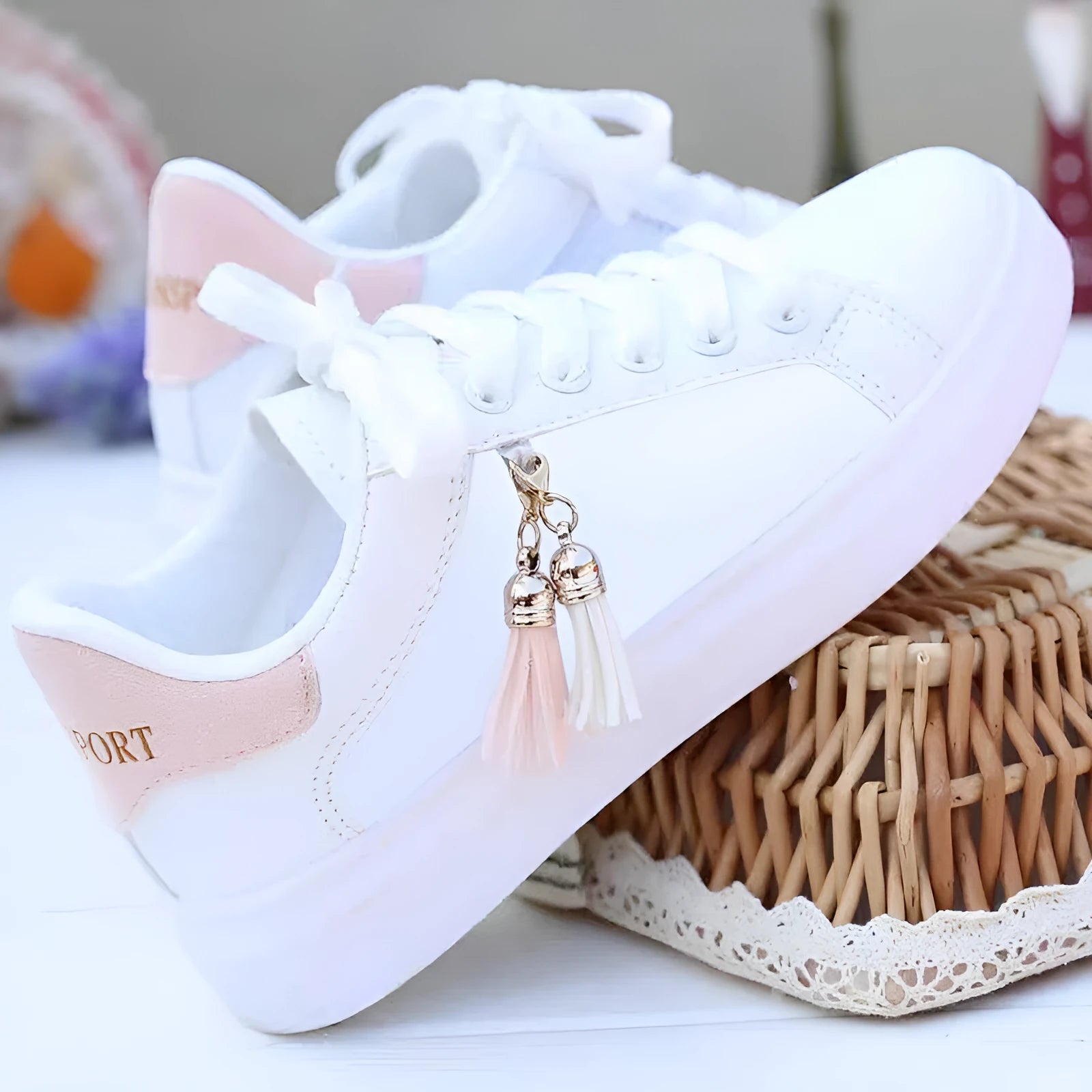 White mesh women's flat casual shoes with rubber sole and breathable inside.
