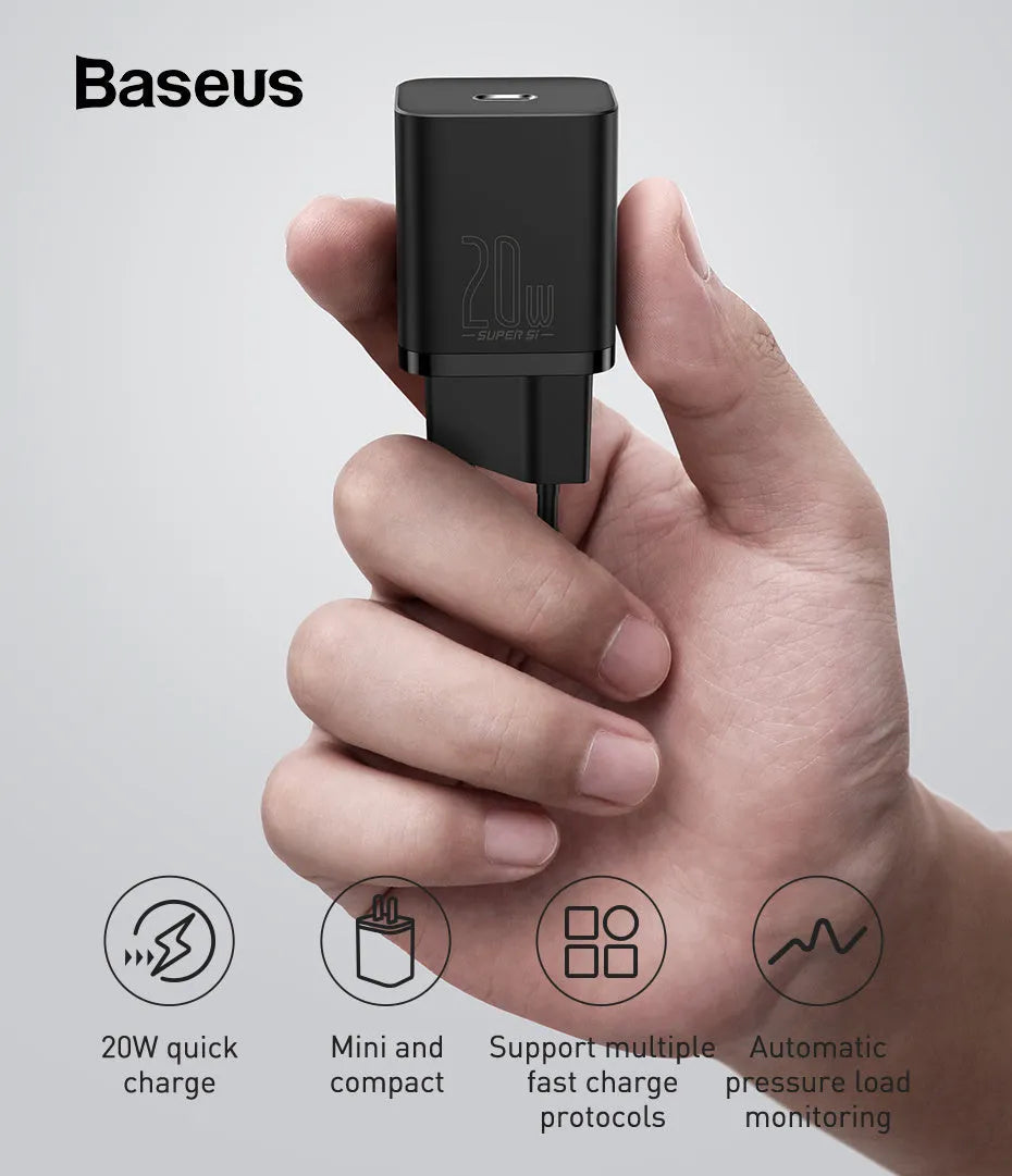 Black and white USB C fast charger plug, 20W, PD3.0, European standard, compatible with iPhone 12 Pro Max