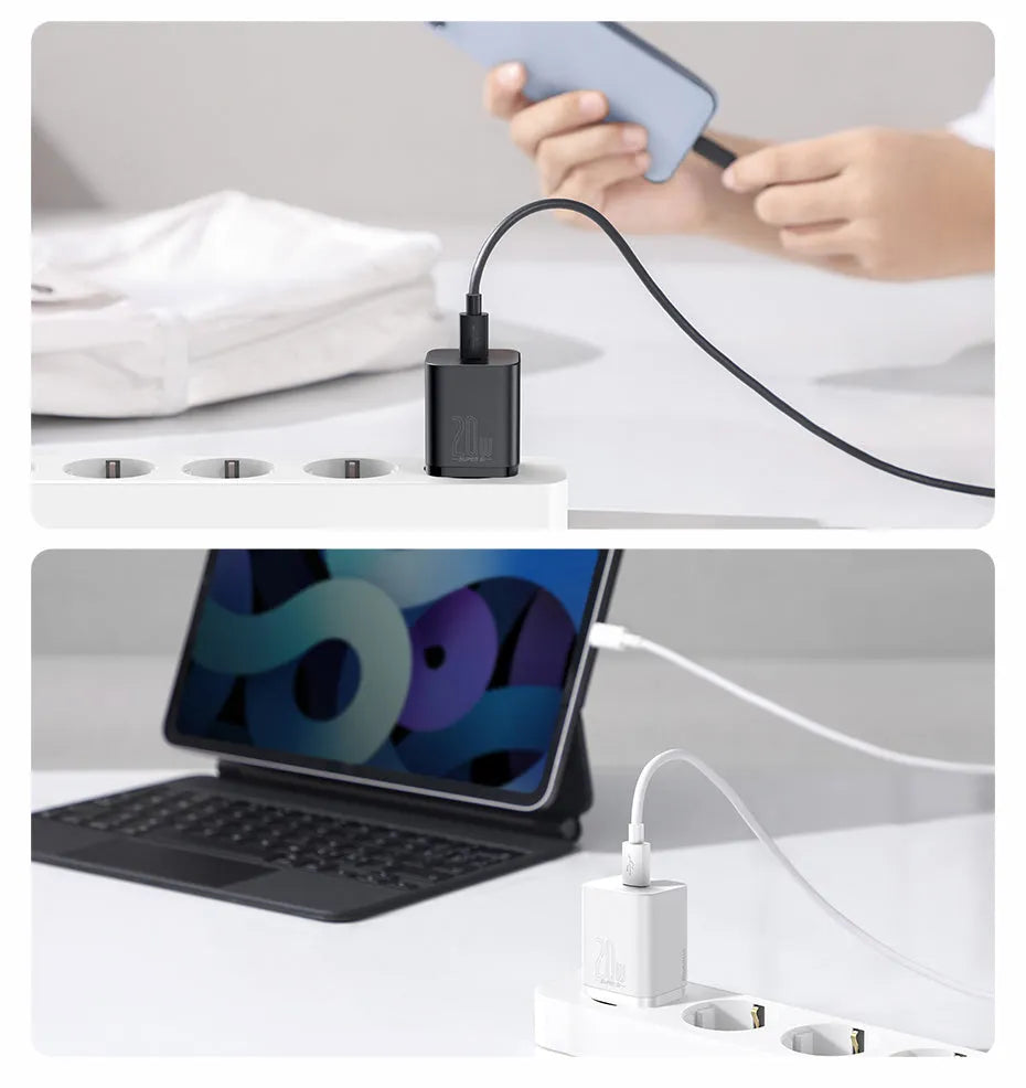 Black and white USB C fast charger plug, 20W, PD3.0, European standard, compatible with iPhone 12 Pro Max