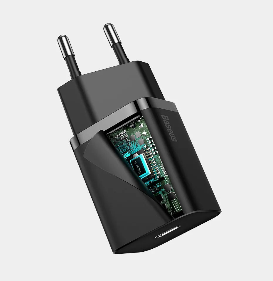Black and white USB C fast charger plug, 20W, PD3.0, European standard, compatible with iPhone 12 Pro Max