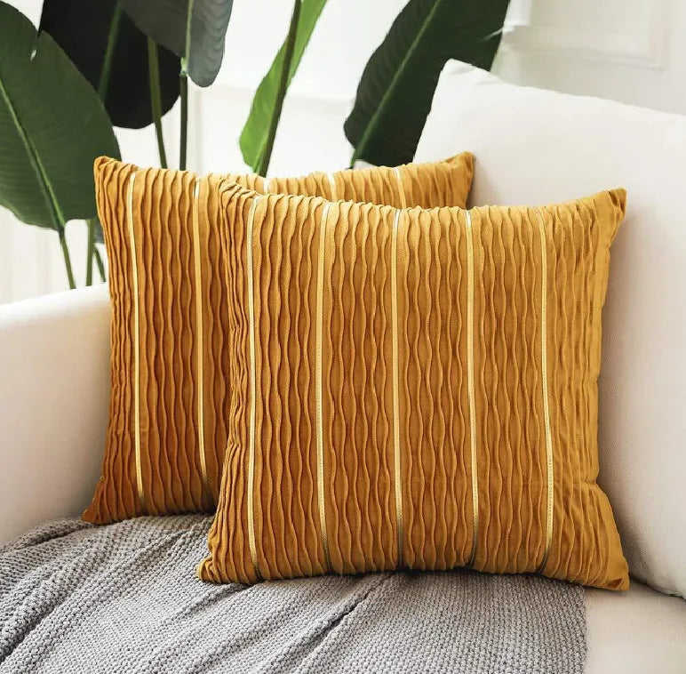 Striped velvet cushion cover in multiple colours showing 45cm square dimensions