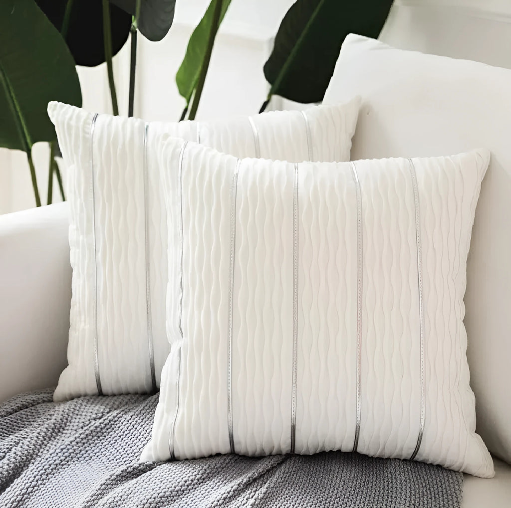 Striped velvet cushion cover in multiple colours showing 45cm square dimensions