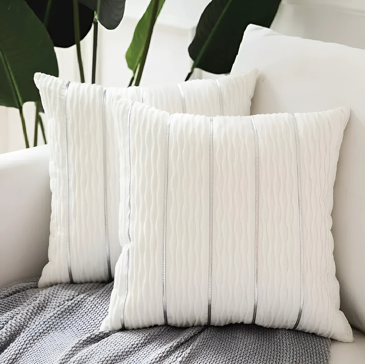 Striped velvet cushion cover in multiple colours showing 45cm square dimensions