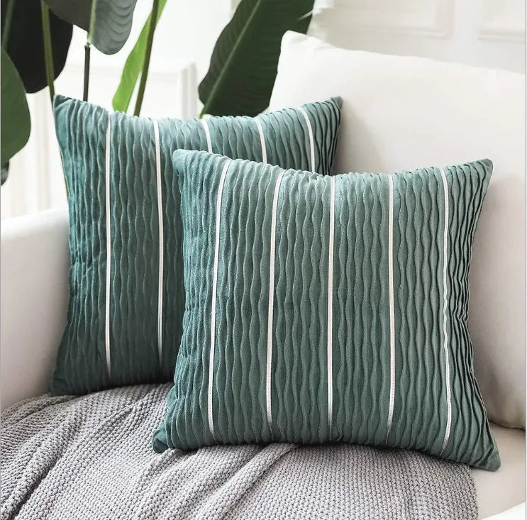 Striped velvet cushion cover in multiple colours showing 45cm square dimensions