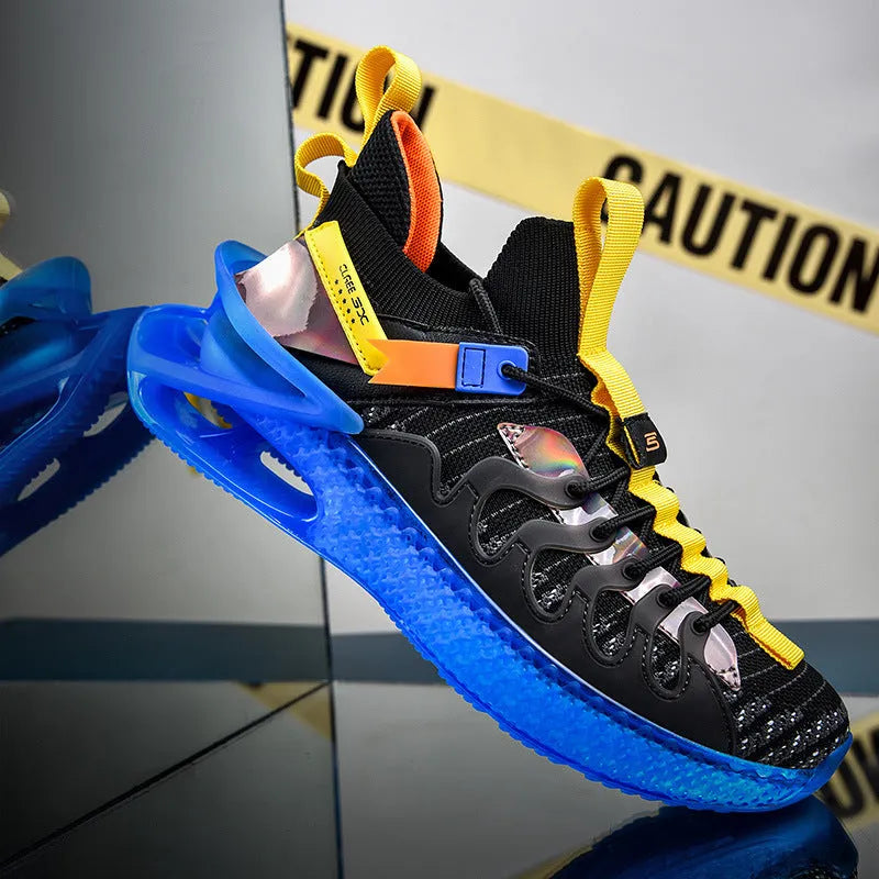 Men's breathable mesh sports shoes with rubber sole, front tie laces, plus sizes 39-46, black blue colour