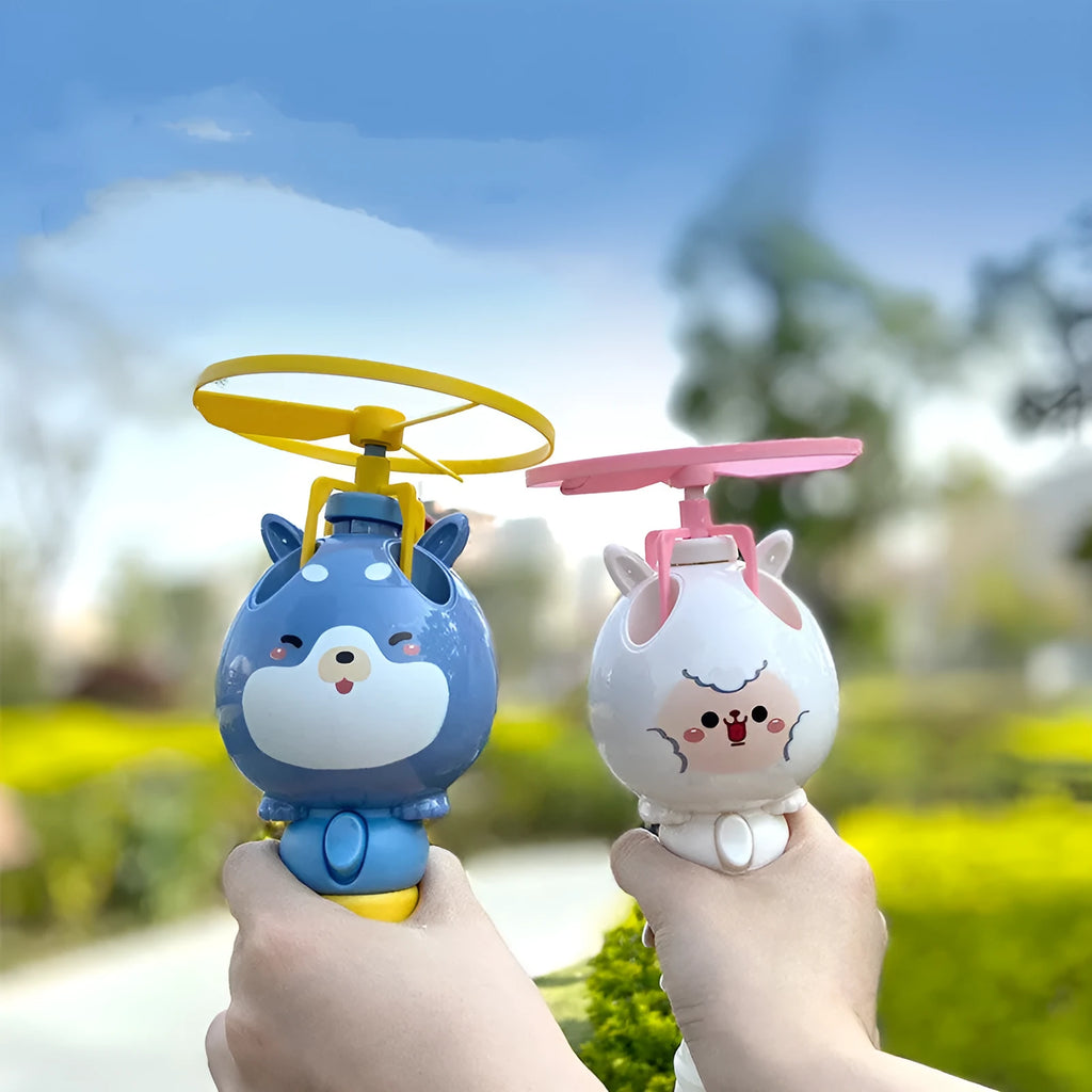 Bamboo dragonfly flying bubble machine in blue, 22 x 9 x 17.5cm, hand-controlled outdoor toy with music