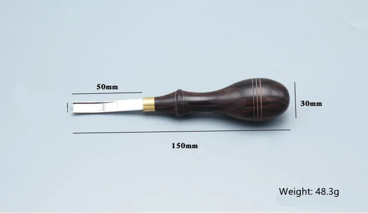 Leather thinning knife with wide shovel edge blade for sectional cutting and skiving