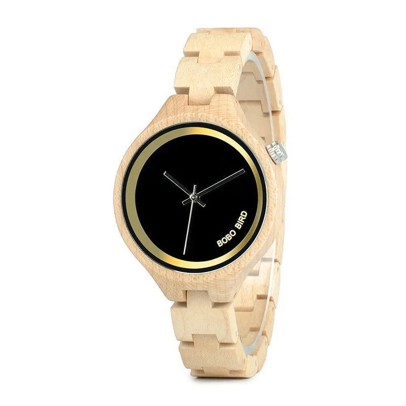 Men's wooden quartz watch with round wooden dial, wooden case, wooden strap, and butterfly double snap buckle.