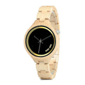 Men's wooden quartz watch with round wooden dial, wooden case, wooden strap, and butterfly double snap buckle.