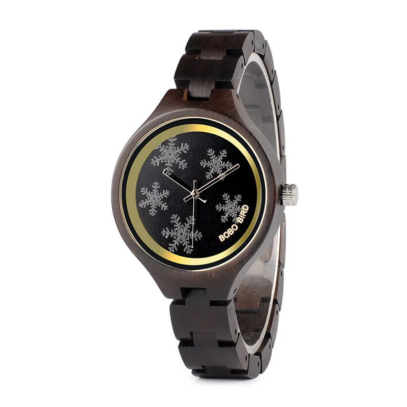 Men's wooden quartz watch with round wooden dial, wooden case, wooden strap, and butterfly double snap buckle.