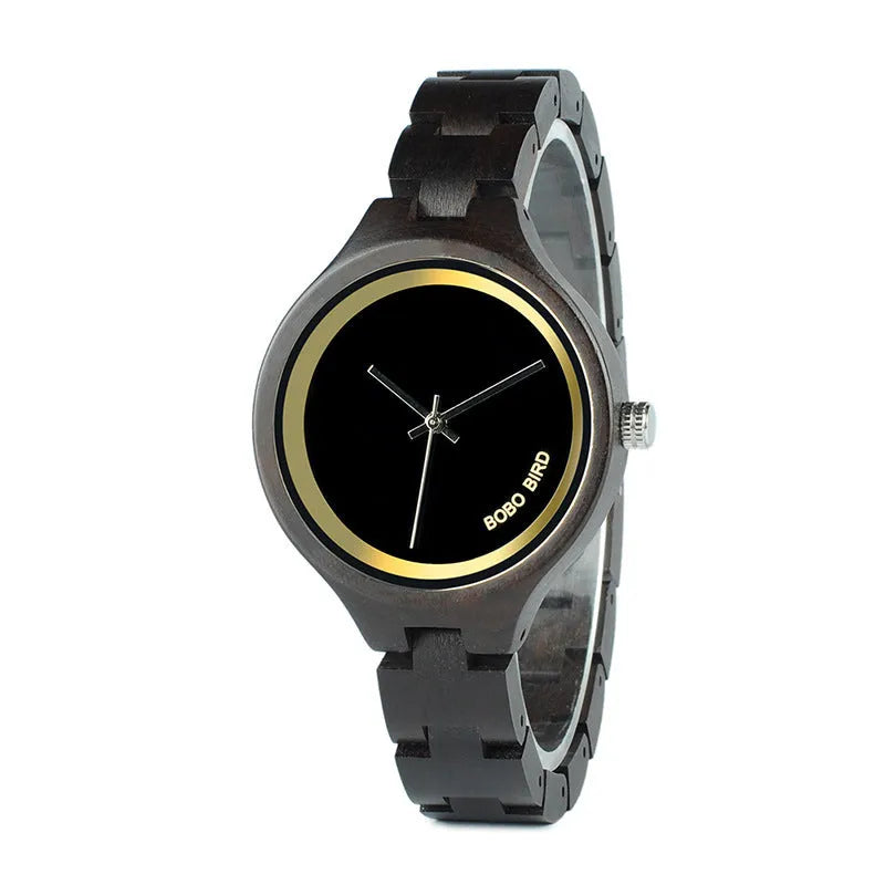 Men's wooden quartz watch with round wooden dial, wooden case, wooden strap, and butterfly double snap buckle.