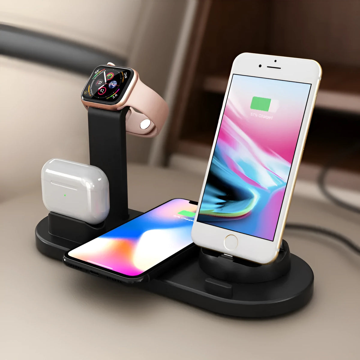 Three-in-one wireless charging bracket for iPhone devices with USB connection