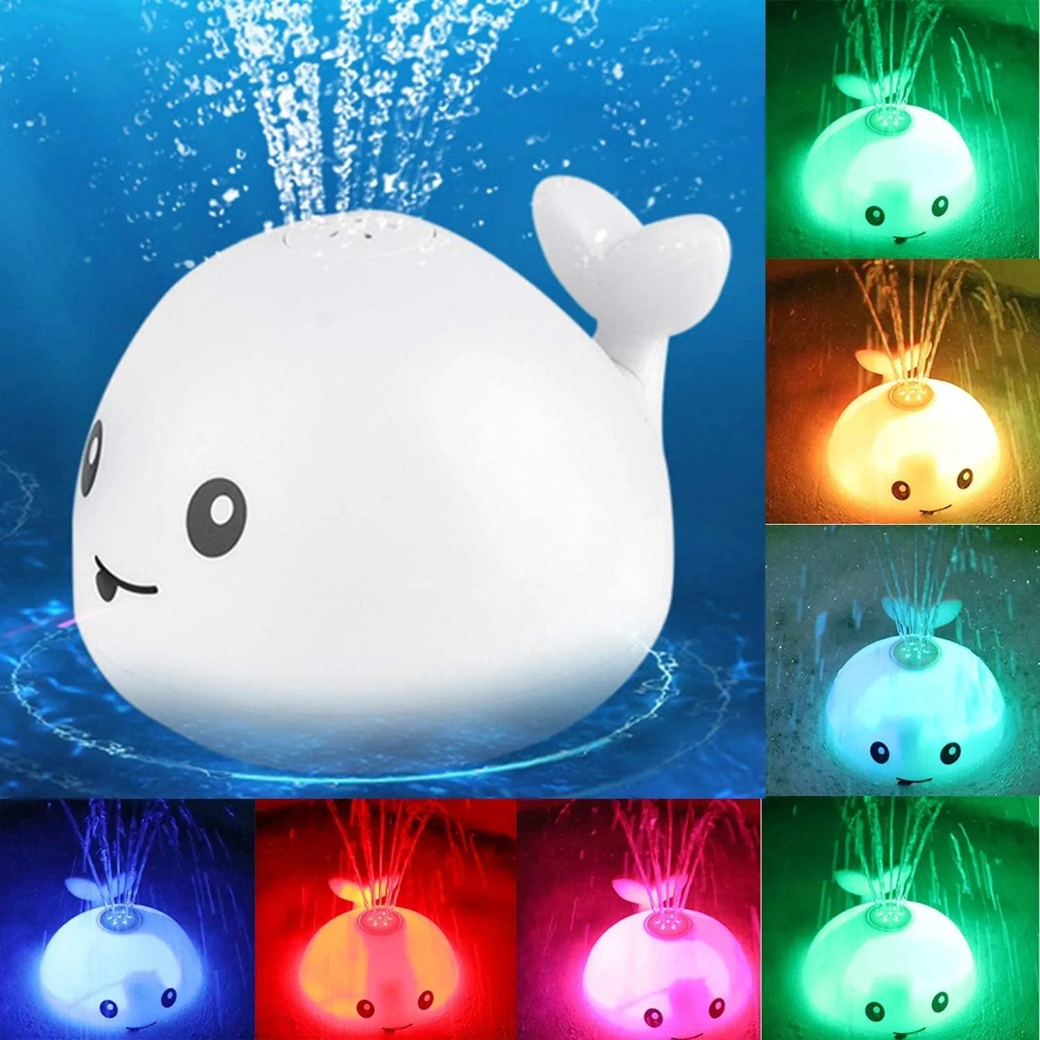 Automatic spray whale bath toy with LED lights floating in water