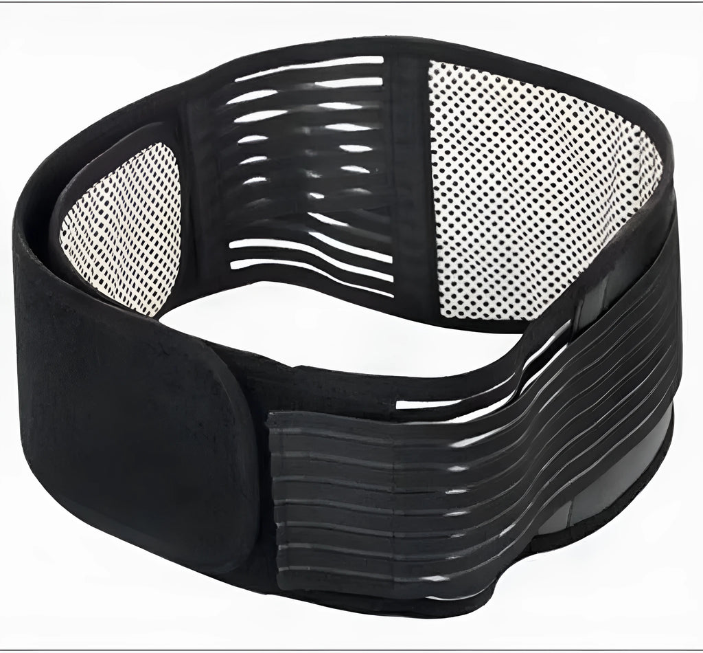 Self-heating waist protection belt with elastic cloth construction and magnetic support elements