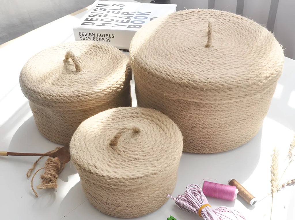 Japanese style linen fabric storage basket with a lid in small, medium, and large sizes.