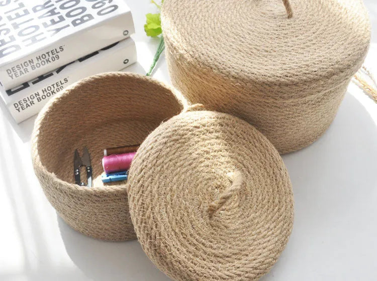 Japanese style linen fabric storage basket with a lid in small, medium, and large sizes.