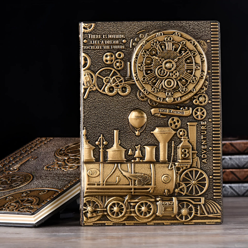 European relief retro notepad with embossed leather cover in green bronze, red bronze, or silver, sized 21.5x14.5cm.