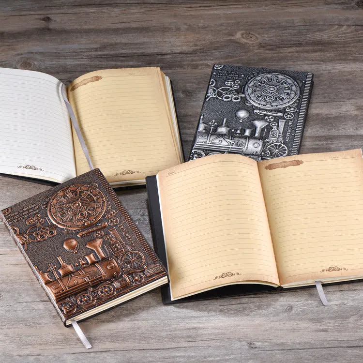 European relief retro notepad with embossed leather cover in green bronze, red bronze, or silver, sized 21.5x14.5cm.