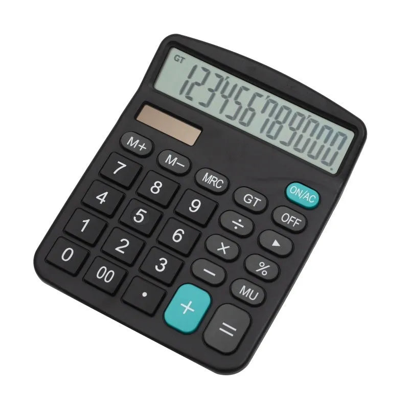 Black twelve-digit solar office calculator with large LCD display on desktop