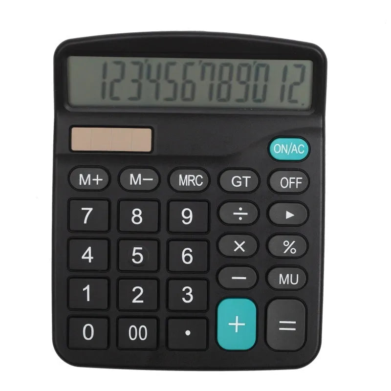 Black twelve-digit solar office calculator with large LCD display on desktop