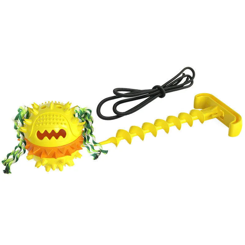 TPR dog teething toy with draw rope and ball in bright yellow or American blue