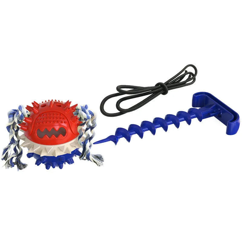 TPR dog teething toy with draw rope and ball in bright yellow or American blue