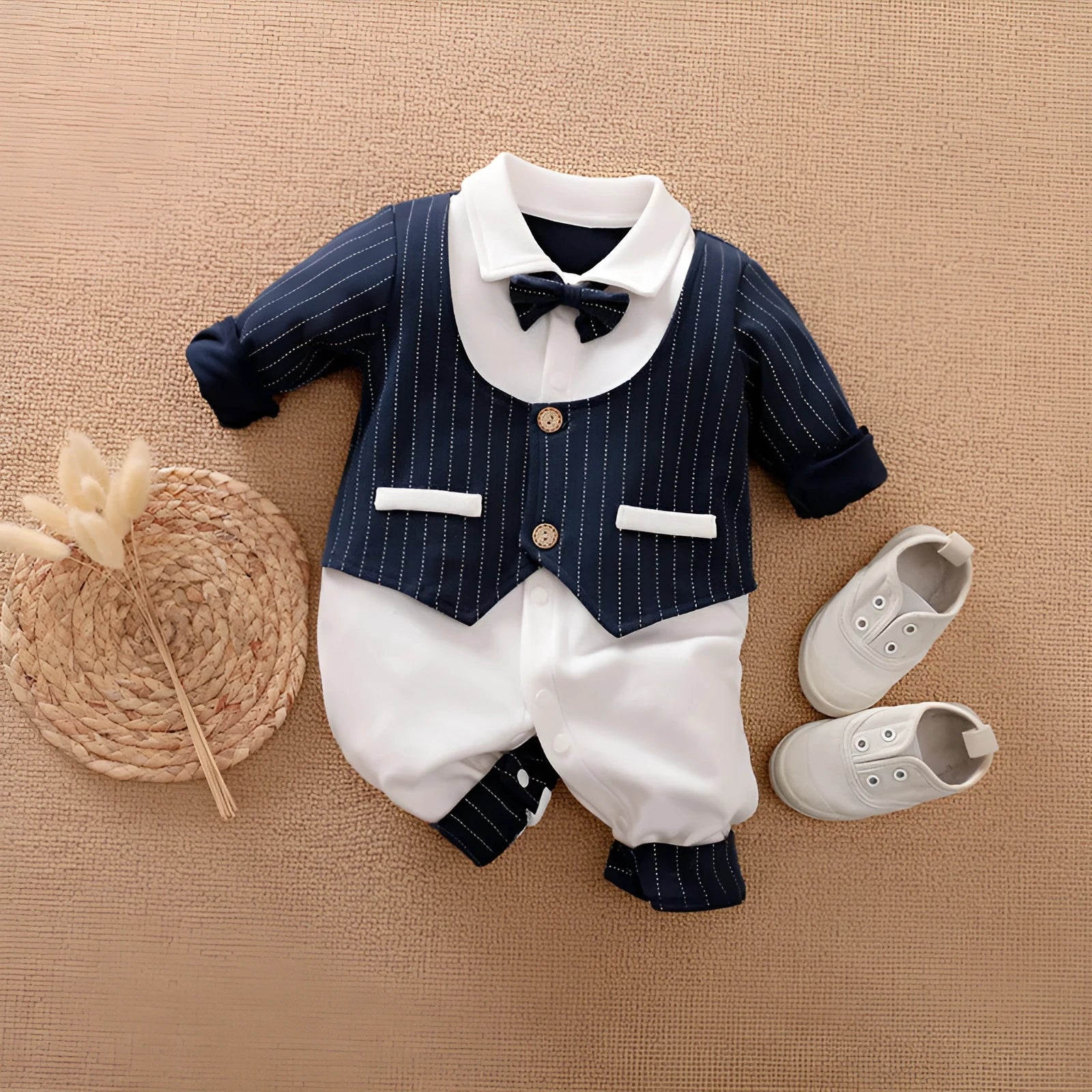 Cotton baby jumpsuit long sleeve in gentleman style for spring and autumn wear