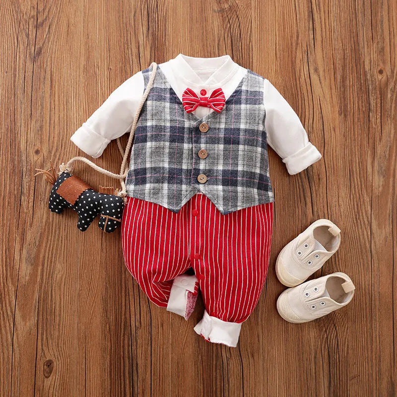 Cotton baby jumpsuit long sleeve in gentleman style for spring and autumn wear